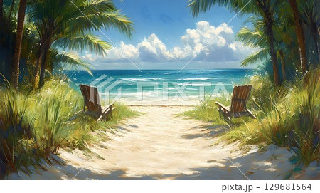 Tranquil Beach Path Framed by Palms, Leading to Turquoise Waters 129681564