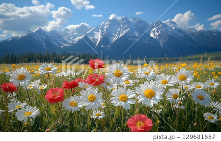 A Vibrant Meadow of Daisies and Poppies Against a Majestic Mount 129681687