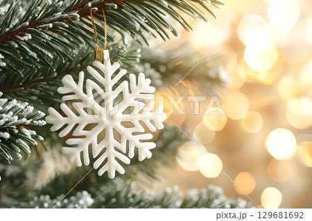 Delicate White Snowflake Ornament on Snowy Christmas Tree Branch Delicate White Snowflake Ornament on Snowy Christmas Tree Branch 129681692