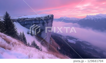 Majestic Winter Clifftop Sunrise Over Misty Valley 129681704