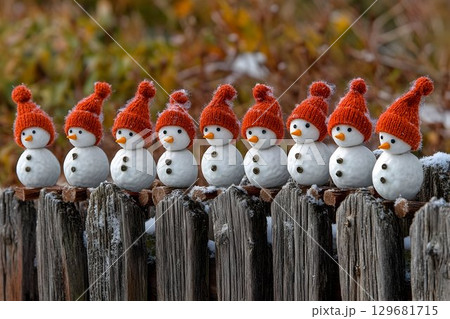 Row of Adorable Snowmen with Orange Hats Perched on a Weathered 129681715