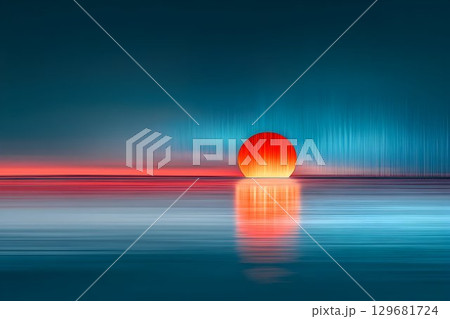Abstract Sunset Over Water with Vibrant Colors and Textural Line 129681724