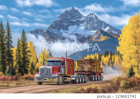 Red Logging Truck Hauling Timber Through Autumn Forest with Moun 129681741