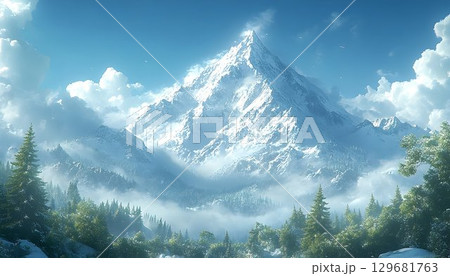 Majestic snow-capped mountain peak piercing through clouds above 129681763