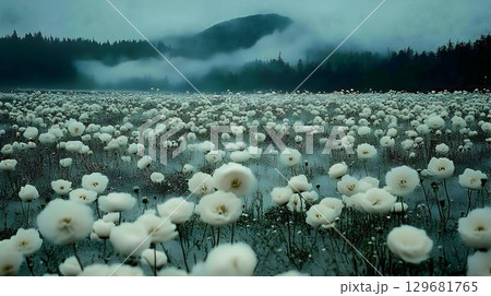 Misty Field of Fluffy White Flowers Under a Gloomy Sky 129681765