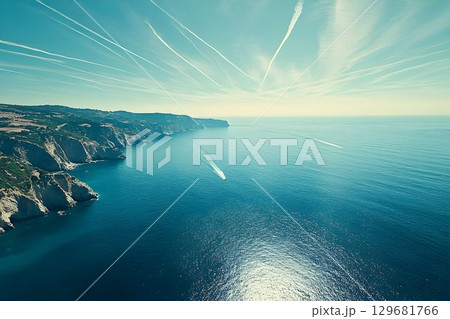Coastal Cliffscape Aerial View with Contrails and Boats Coastal Cliffscape Aerial View with Contrails and Boats 129681766