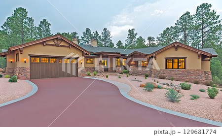 Southwestern Home with Stone Accents, Red Driveway, and Desert L 129681774
