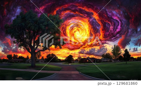 Fiery Sky Vortex over Suburban Landscape at Sunset with Large Tr 129681860