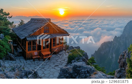 Mountain Cabin Overlooking Sea of Clouds at Sunset, Huangshan, C Mountain Cabin Overlooking Sea of Clouds at Sunset, Huangshan, C 129681875