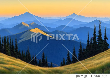 Golden Sunlight on Mountain Ridges with Distant Peaks and Evergr Golden Sunlight on Mountain Ridges with Distant Peaks and Evergr 129681886