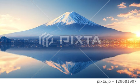 Majestic Mount Fuji Sunrise Reflection Over Cityscape 129681907