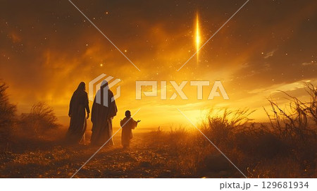 Three figures follow a radiant star across a golden desert lands 129681934
