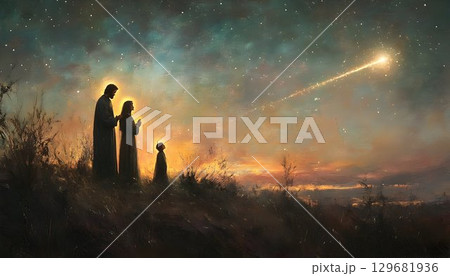 Witnessing the Guiding Star: A Celestial Scene of Faith and Wond 129681936