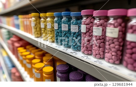 Colorful pills in jars on a shelf, organized by color and type o 129681944