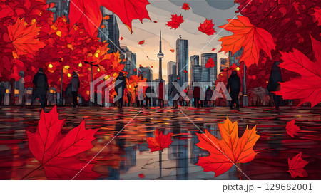 秋の街並みと紅葉の風景 129682001