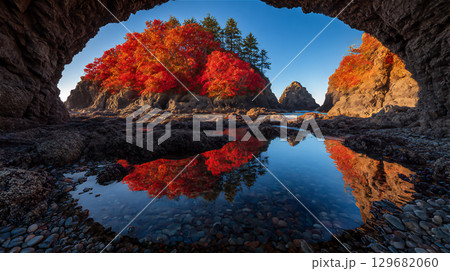 紅葉と海の景色が美しい洞窟の風景 129682060