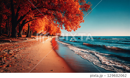 秋の紅葉と海の風景 129682062