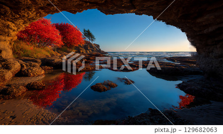 美しい紅葉と海の景色 129682063