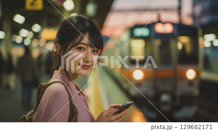 駅のホームでスマホを見ながら電車を待っている女性 129682171