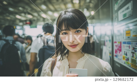 駅の改札口をICカードで通り抜けた女性 129682172