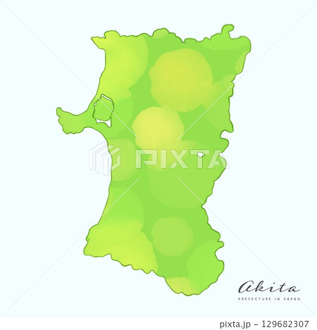 水彩で描いた、秋田県の地図。日本の47都道府県の地図シリーズ 129682307