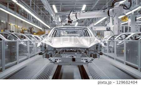 white robotic arm operating in an automobile assembly factory. front view of car body without paint lined up 129682404