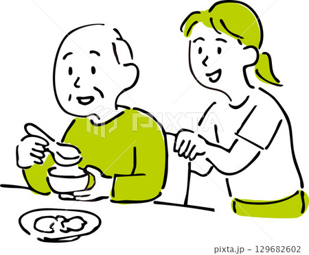 食事を楽しむ高齢男性と見守る介護士のイラスト 129682602