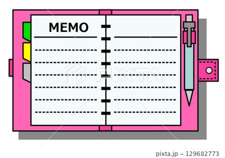 メモや勉強に使うメモ用紙と筆記用具のイラスト 129682773