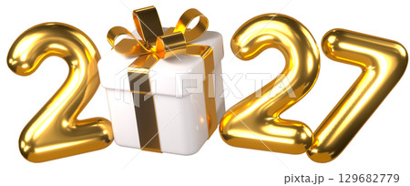 Golden 2027 numbers with white gift box Golden 2027 numbers with white gift box 129682779