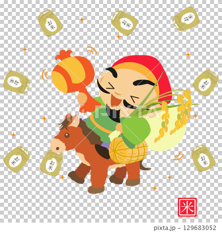 打ち出の小槌でお米を生み出す大黒様のイラスト 129683052