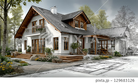 A highly detailed 3D rendering of a house construction project placed over architectural blueprints, representing modern building design, precise planning, and advanced engineering. Generative AI A highly detailed 3D rendering of a house construction project placed over architectural blueprints, representing modern building design, precise planning, and advanced engineering. Generative AI 129683126