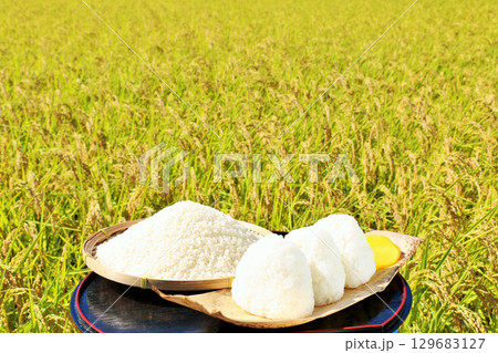 秋の田んぼと新米のおにぎり 129683127