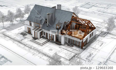 A highly detailed 3D rendering of a house construction project placed over architectural blueprints, representing modern building design, precise planning, and advanced engineering. Generative AI 129683160
