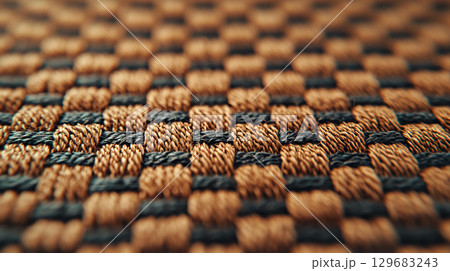 Abstract background Close up of woven fabric featuring intricate patterns in brown and black. texture showcases detailed design, highlighting craftsmanship and material quality 129683243