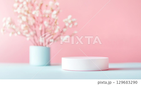 Abstract background Minimalist white display with pastel background and flowers 129683290