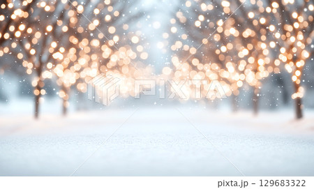 snow covered street lined with holiday lights creates magical atmosphere. soft glow of lights reflects on snowy ground, inviting warmth and joy in Christmas New Year winter holiday seasonal 129683322