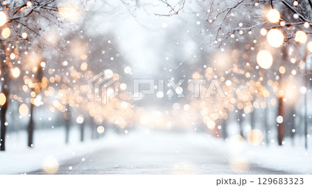 snow covered street lined with holiday lights creates magical atmosphere. soft glow of lights reflects on snowy ground, inviting warmth and joy in Christmas New Year winter holiday seasonal snow covered street lined with holiday lights creates magical atmosphere. soft glow of lights reflects on snowy ground, inviting warmth and joy in Christmas New Year winter holiday seasonal 129683323