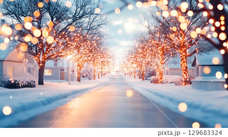 snow covered street lined with holiday lights creates magical atmosphere. soft glow of lights reflects on snowy ground, inviting warmth and joy in Christmas New Year winter holiday seasonal 129683324