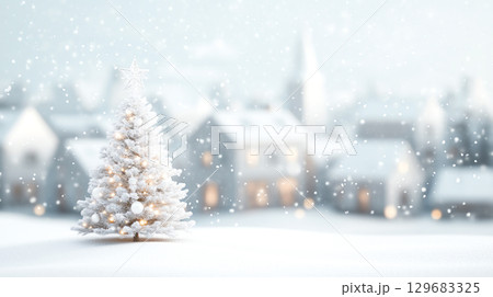 snow covered town square features beautifully decorated Christmas tree, surrounded by festive lights and serene winter atmosphere New Year holiday seasonal celebration 129683325