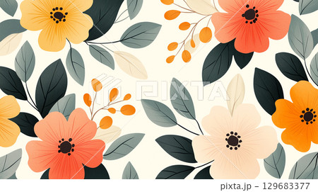 Abstract background vibrant floral pattern featuring soft earth tones with various flowers and leaves, creating cheerful and inviting atmosphere 129683377