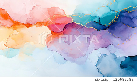 Abstract background Abstract watercolor wash in pastel hues with soft edges, featuring vibrant colors like pink, blue, and gold accents, creating serene and artistic composition 129683385