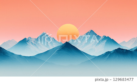 Landscape background wallpaper stunning sunset over layered blue mountains creates serene atmosphere. vibrant orange sun contrasts beautifully with cool tones of peaks, evoking sense of tranquility 129683477