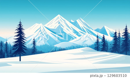 Landscape background wallpaper Majestic snow capped mountains rise under clear blue sky, surrounded by evergreen trees. serene winter landscape evokes sense of tranquility and beauty 129683510