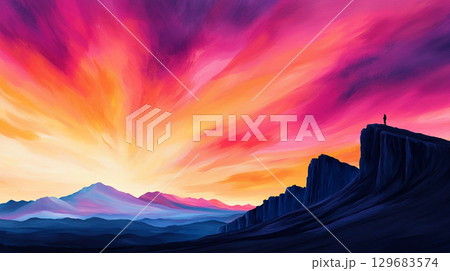 Landscape background wallpaper Breathtaking sunset over rocky mountain cliffs, with vibrant pink and orange hues illuminating sky. lone figure stands atop cliff, embracing beauty of nature 129683574
