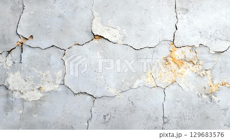 Abstract background Rough cracked concrete texture in grayscale with visible imperfections and highlights, showcasing weathered surface 129683576