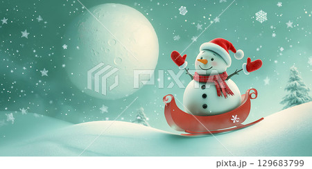 雪の中の赤いサンタクロースと月に雪だるま 129683799