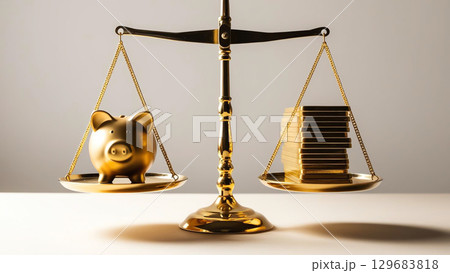 golden scale balancing piggy bank and stack of gold bars symbolizes financial equilibrium and wealth management. This conveys importance of balancing savings and investments 129683818