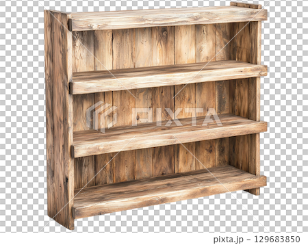 Rustic wooden bookshelf with four shelves, perfect for home decor and storage. Ideal for displaying books, plants, or decorative items in cozy setting Rustic wooden bookshelf with four shelves, perfect for home decor and storage. Ideal for displaying books, plants, or decorative items in cozy setting 129683850