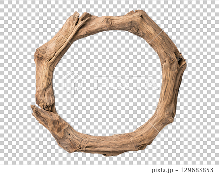 Natural wooden circle frame, rustic design, perfect for decor or art display. This unique piece adds touch of nature to any setting, enhancing aesthetic appeal 129683853