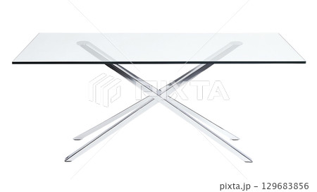 Modern glass top table with sleek chrome legs, perfect for dining or workspace. Its minimalist design adds elegance to any room 129683856